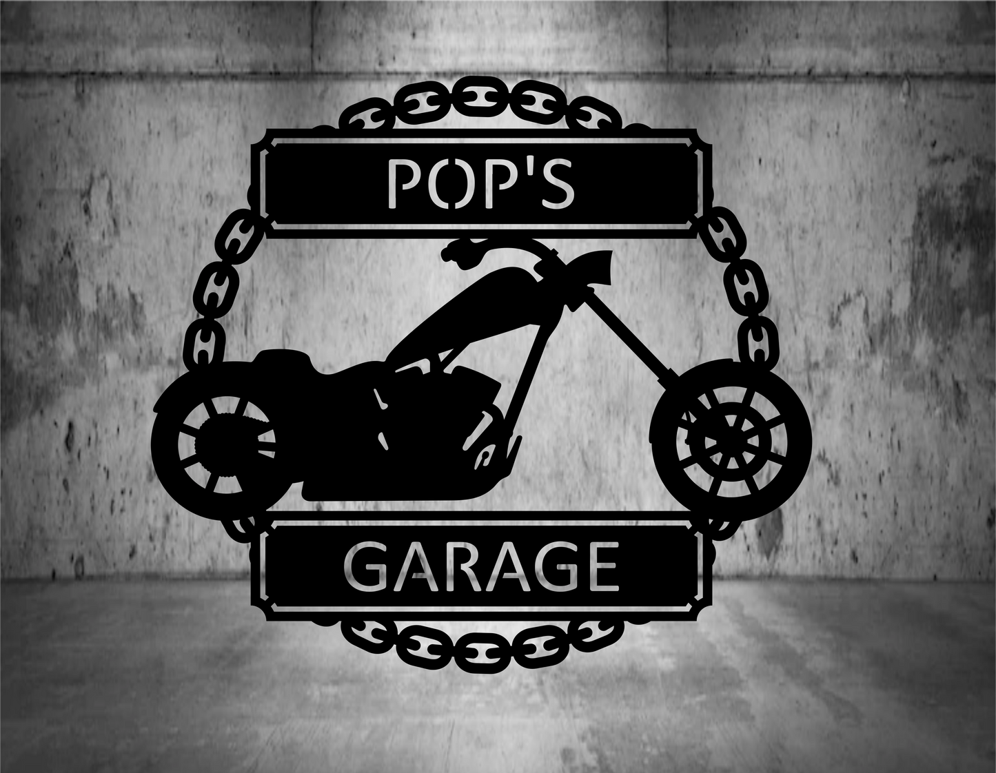 Chopper motorcycle monogram. Chain circle with personalized name plate
