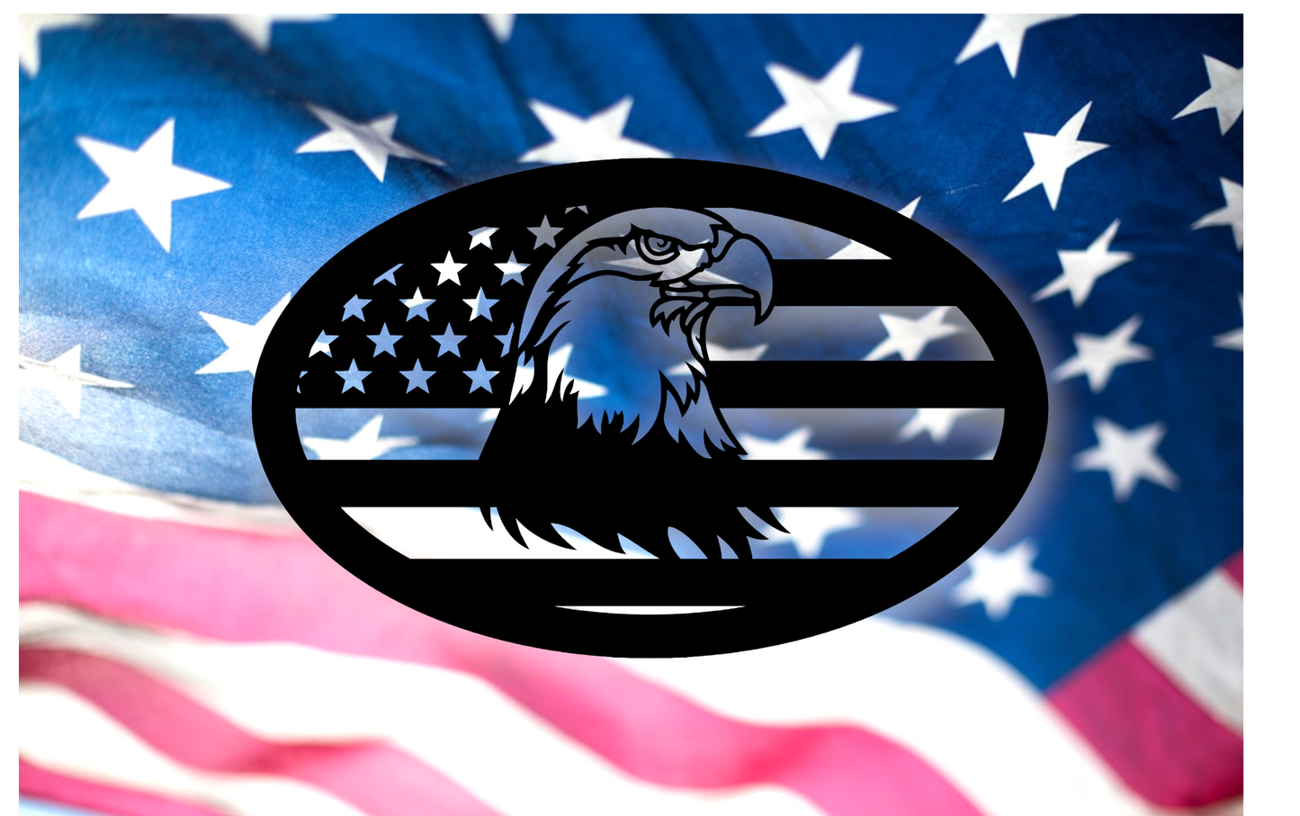 Oval metal sign with flag and eagle head