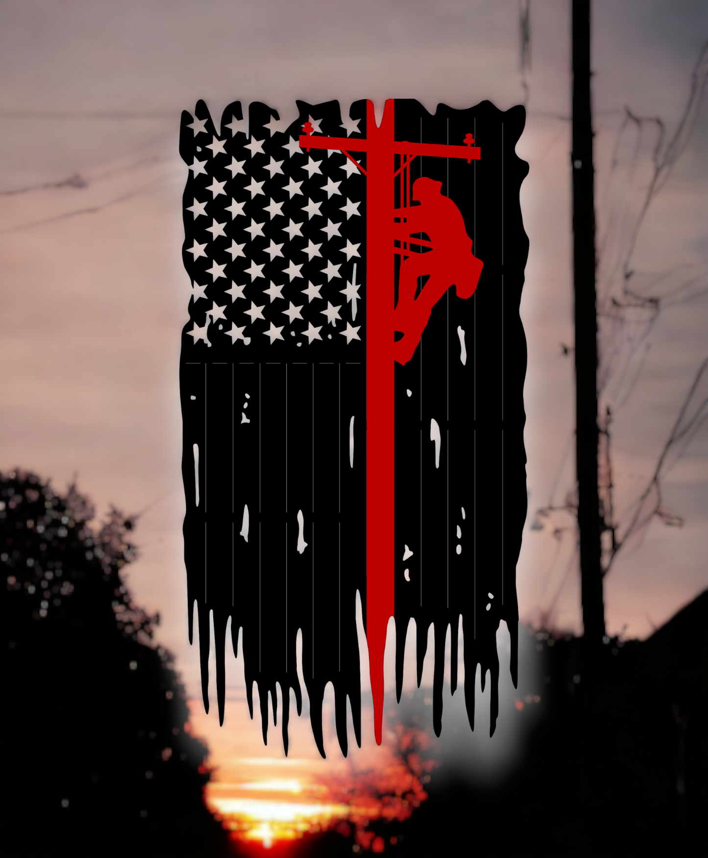 Vertical Tattered, distressed metal flag with lineman on pole added to flag