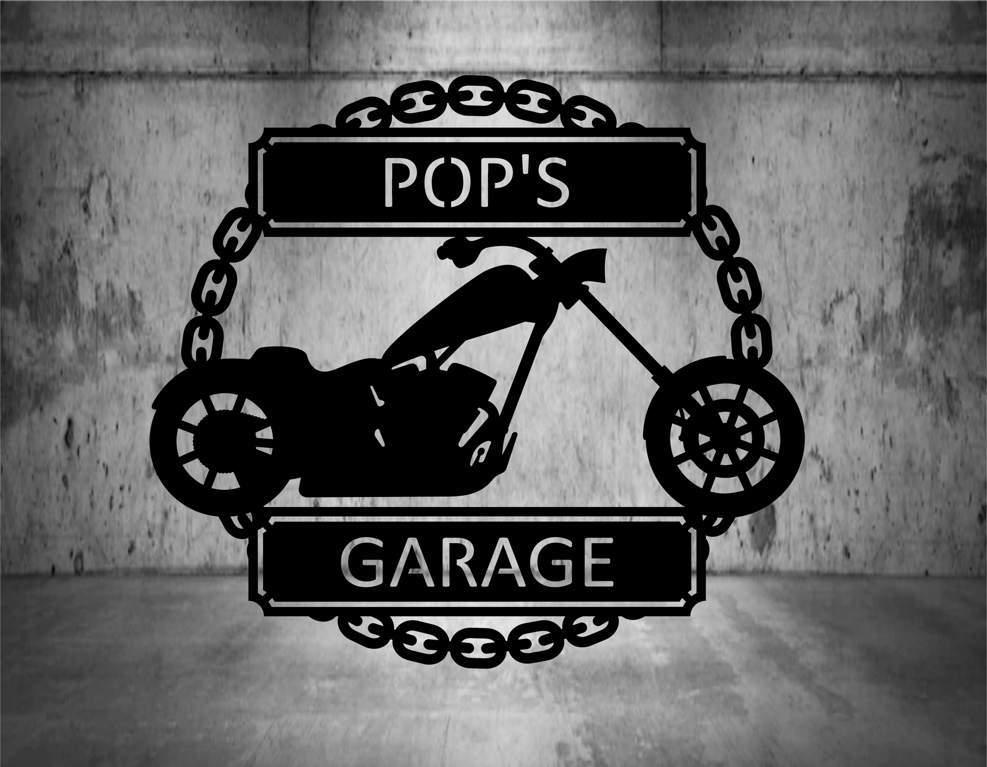 Chopper motorcycle monogram.  Chain circle with personalized name plate