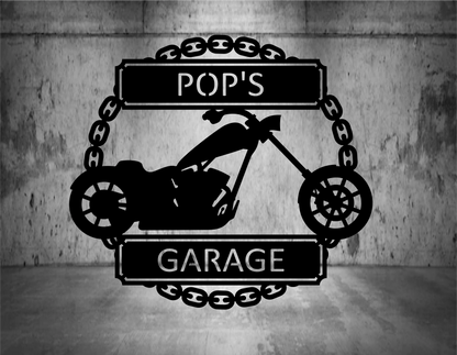 Chopper motorcycle monogram.  Chain circle with personalized name plate