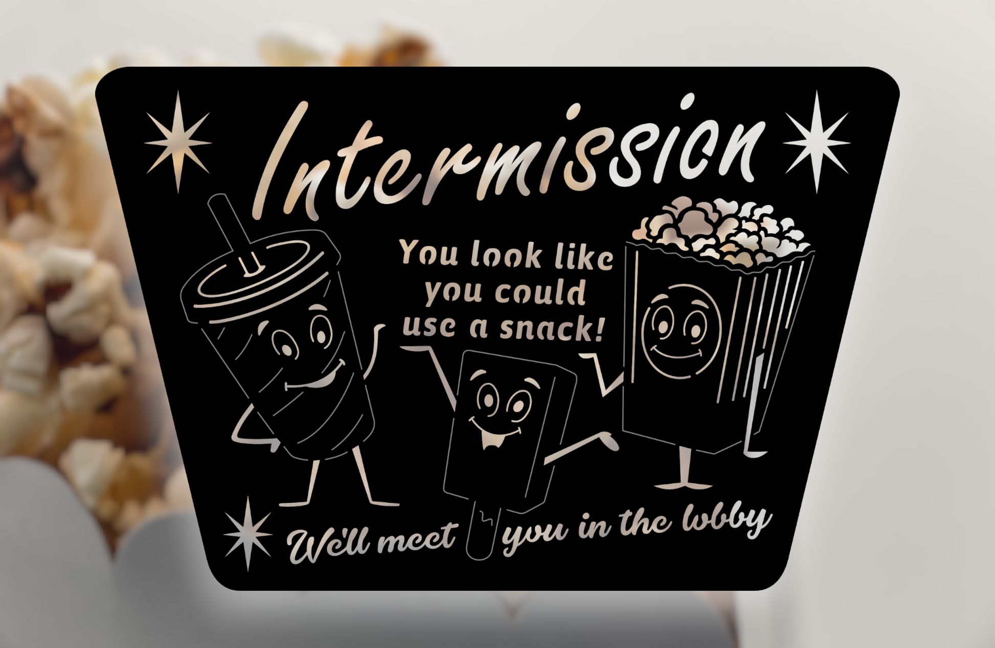Intermission food, popcorn, drink concession metal sign for home movie theater