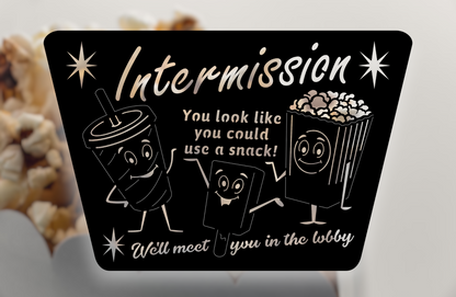 Intermission food, popcorn, drink concession metal sign for home movie theater
