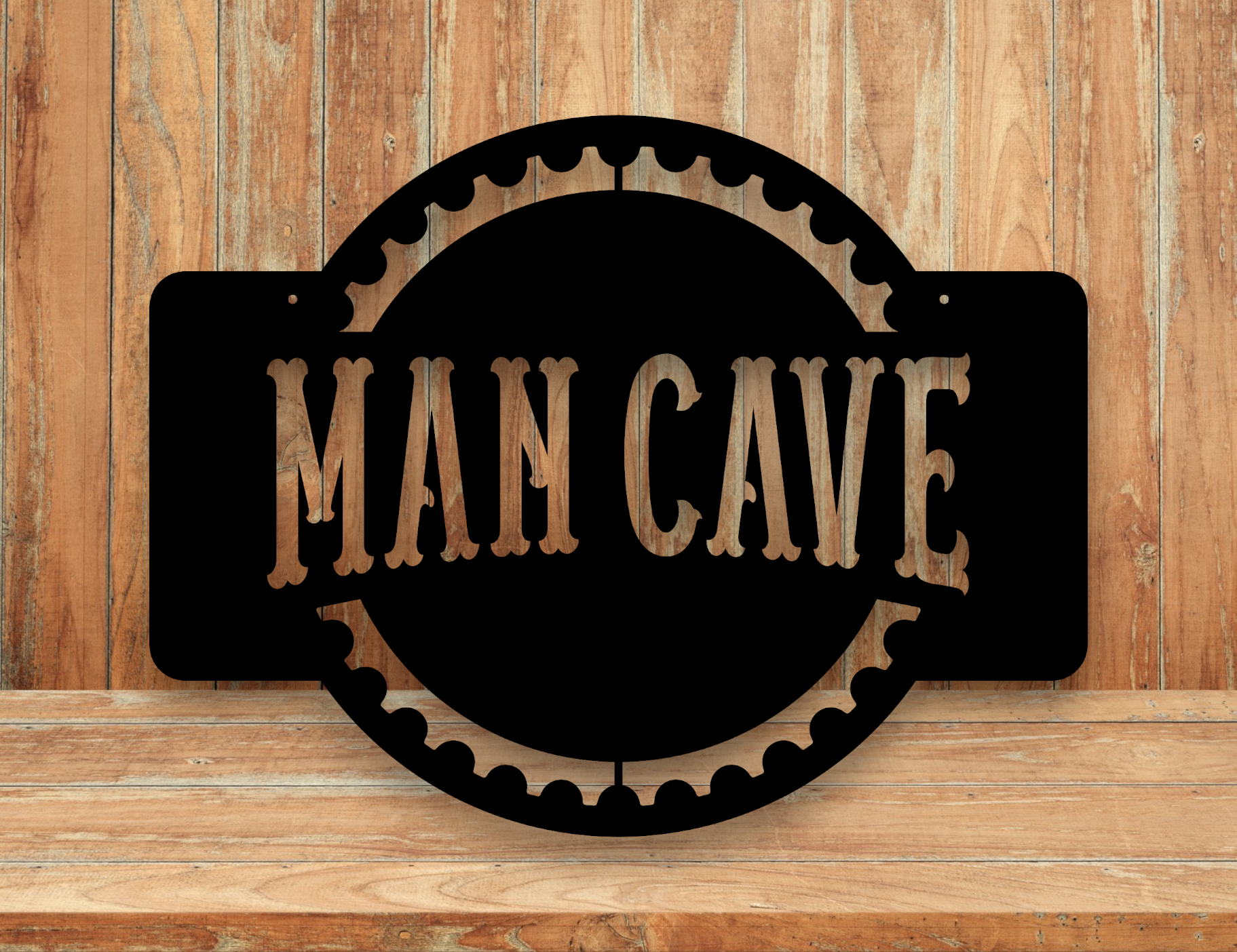 man cave with gear border metal sign