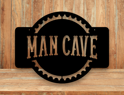 man cave with gear border metal sign