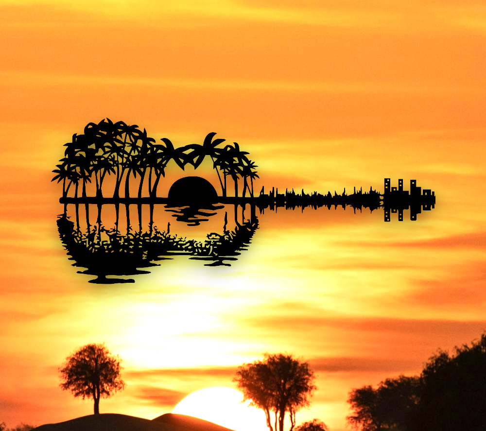 Sunset Palm Trees Reflection Guitar